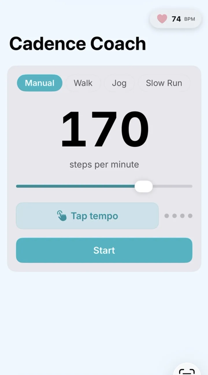 Cadence Coach metronome screen set to 170 steps per minute